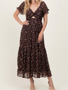 Angie Brown Floral Twist-Front Maxi Dress